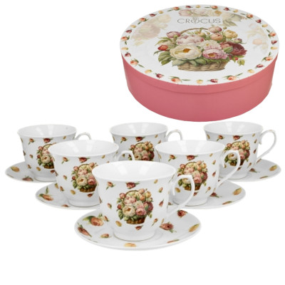Zestaw 6 filiżanek porcelanowych do kawy i herbaty PIWONIE KOSZYK w pudełku na prezent