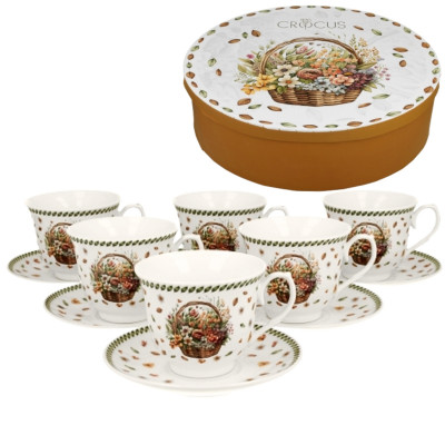 Zestaw 6 filiżanek porcelanowych do kawy i herbaty KWIATY POLNE KOSZYK w pudełku na prezent