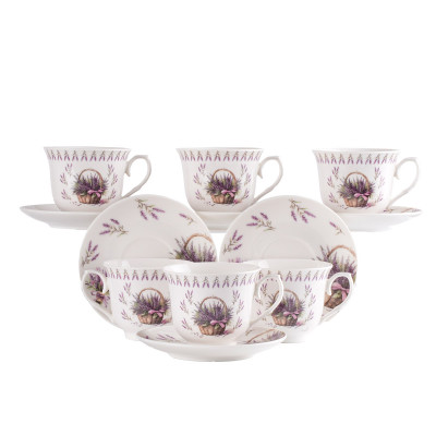 Zestaw 6 filiżanek porcelanowych do kawy i herbaty LAWENDA KOSZYK w pudełku na prezent