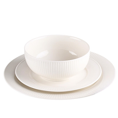 Zestaw talerzy dla 6 osób ecru prążek komplet obiadowy ryflowany 18-elementów