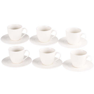 Zestaw 6 filiżanek porcelanowych ze spodkiem ecru prążkowane 230 ml
