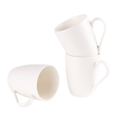 Zestaw 3 kubków porcelanowych 330 ml do kawy herbaty na prezent ecru tłoczenia