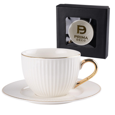 Filiżanka ze spodkiem porcelanowa ecru prążkowana złote ucho Aurora 260 ml
