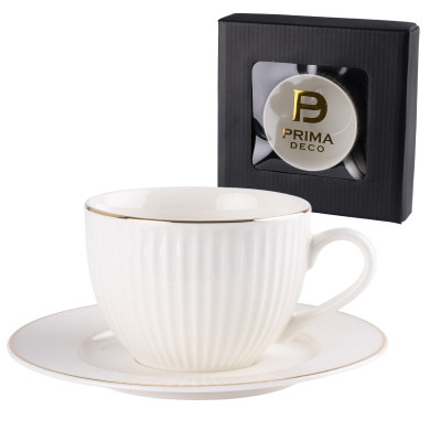Filiżanka ze spodkiem porcelanowa ecru prążkowana złoty rant Lumena260 ml