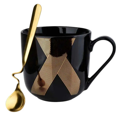 Kubek z łyżeczką czarny Lola porcelanowy 480 ml kubek do kawy i herbaty