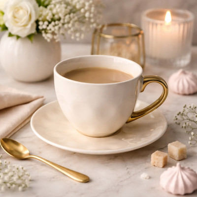 Filiżanka ze spodkiem porcelanowa kremowa ze złotym uchem tłoczenia 320 ml