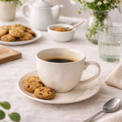 Filiżanka ze spodkiem porcelanowa kremowa tłoczenia 320 ml