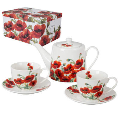 Zestaw porcelanowy do herbaty dzbanek i 2 filiżanki ze spodkami CLASSIC POPPIES 900 ml/270 ml