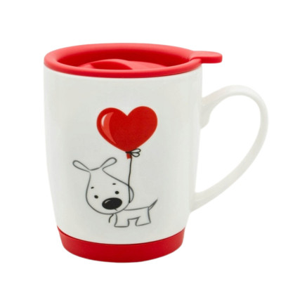 Kubek na Walentynki porcelanowy z pokrywką Piesek 440 ml
