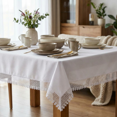 Obrus biały z gipiurową koronką 140x220 cm
