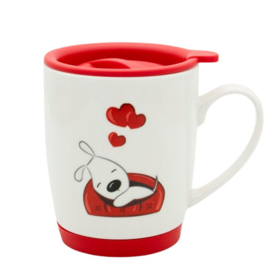 Kubek na Walentynki porcelanowy z pokrywką Piesek 350 ml