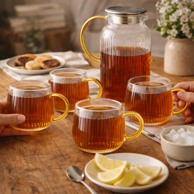 Zestaw dzbanek szklany 1,8l + 6 kubków 450 ml prążkowane złote ucho
