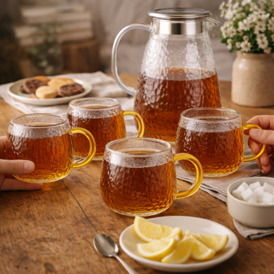 Zestaw dzbanek szklany 1,5l + 6 kubków 450 ml tłoczenia złote ucho