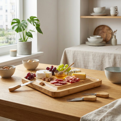 Deska do serwowania serów z nożami bambusowa 33x33 cm
