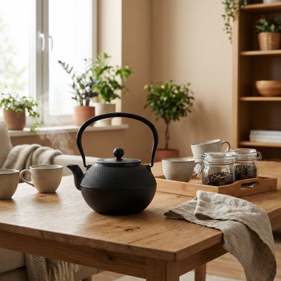 Dzbanek żeliwny do herbaty czarny 1,2l tłoczenia