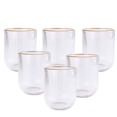 Komplet 6 szklanek do napojów soku ryflowane złoty pasek 280 ml