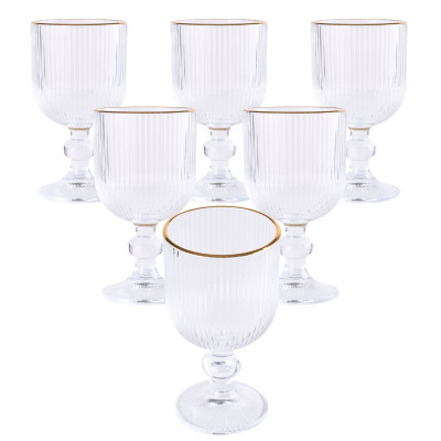 Komplet 6 kieliszków do wina wody ryflowane złoty brzeg 270 ml
