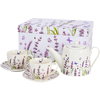 Zestaw porcelanowy do herbaty dzbanek i 2 filiżanki ze spodkami Lavender 900 ml/270 ml