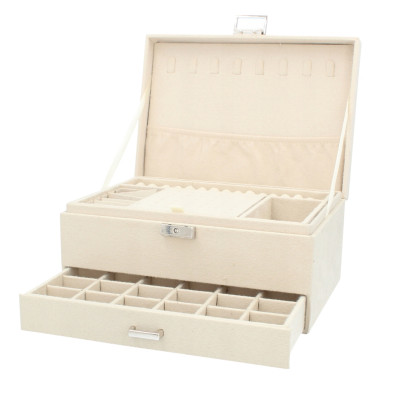 Szkatułka na biżuterię welurowa beżowa organizer kuferek 24x17x11 cm