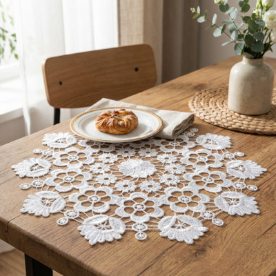 Serwetka biała z gipiury ażurowa kwiaty 40 cm