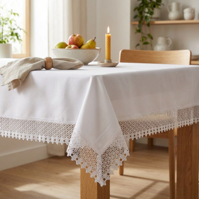 Obrus biały z gipiurową koronką 140x240 cm