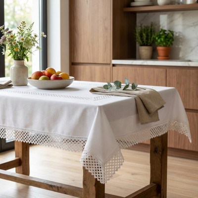 Obrus biały z gipiurą 140x300 cm wzór 059