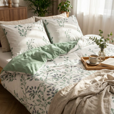Komplet pościeli CLARISSA biała w zielone liście 220x200 cm