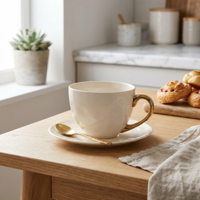 Filiżanka ze spodkiem porcelanowa kremowa ze złotym uchem tłoczenia 320 ml