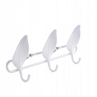 Wieszak ścienny na ubrania listki biały 3-hakowy srebrny