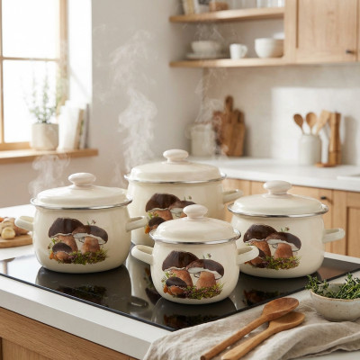 Komplet 4 garnków emaliowanych GRZYBKI 1,5l/2,5l/3,5l/5l