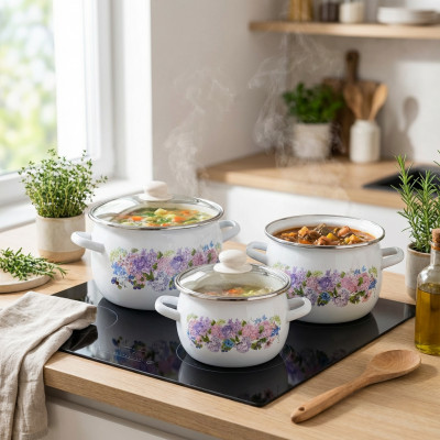 Komplet 3 garnków emaliowanych BEZ białe 2,5l/3,5l/5l gaz indukcja