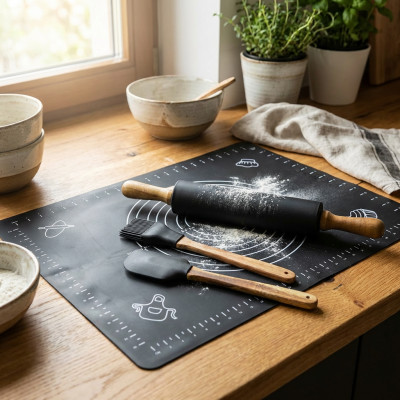 Stolnica silikonowa z przyborami TOPFANN czarna 4-elementy