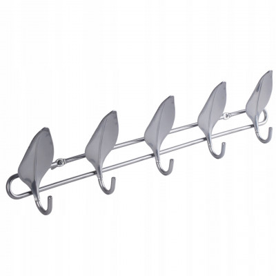Wieszak ścienny na ubrania listki szary 5-hakowy srebrny