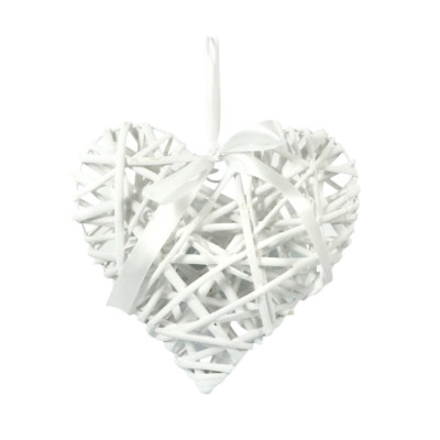 Serce wiklinowe białe zawieszka dekoracyjna z tasiemką 15 cm