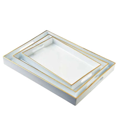 Komplet 3 tac dekoracyjnych Blanche White białe ze złotym rantem prostokątne