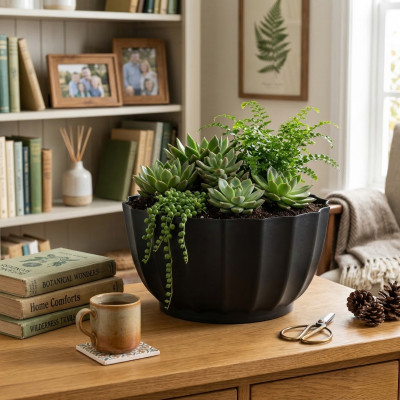 Doniczka misa Livia czarna 22 cm osłonka karbowana