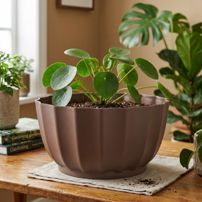 Doniczka misa Livia brązowa 22 cm osłonka karbowana