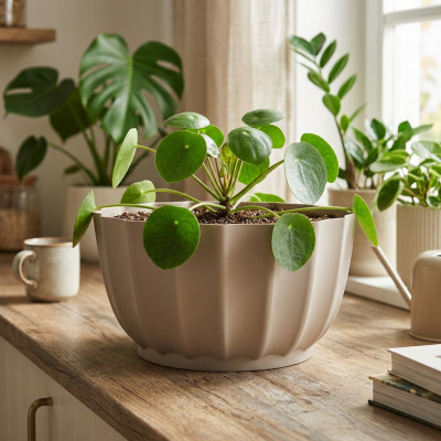 Doniczka misa Livia beżowa 22 cm osłonka karbowana