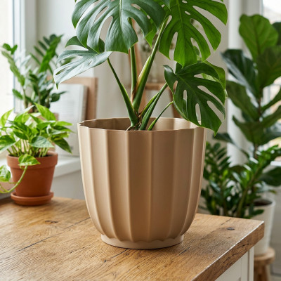Duża doniczka osłonka cappuccino Antonia ryflowana 27 cm bez podstawki