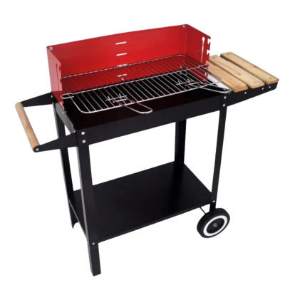 Grill ogrodowy węglowy na kółkach prostokątny z osłoną + akcesoria 87x35x80 cm czarno-czerwony