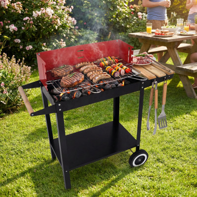 Grill ogrodowy węglowy na kółkach prostokątny z osłoną + akcesoria 87x35x80 cm czarno-czerwony