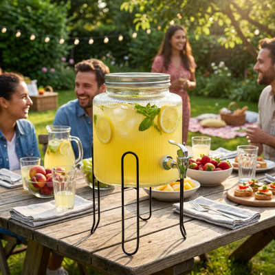 Słój z kranikiem na stojaku szklany 2,5l do lemoniady soków napojów prążkowany