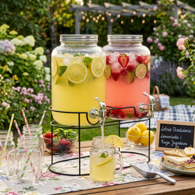 Szklany słój z kranikiem na stojaku podwójny 2x3,8l do lemoniady soków napojów prążkowany