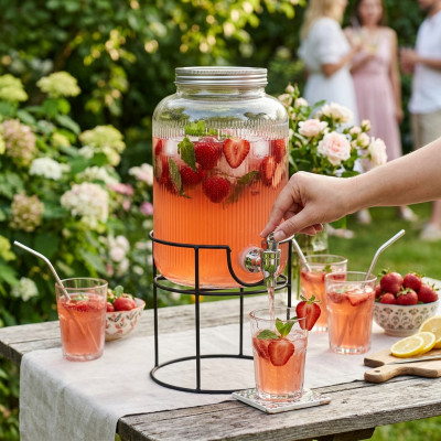 Słój z kranikiem na stojaku szklany 5,5l do lemoniady soków napojów prążkowany