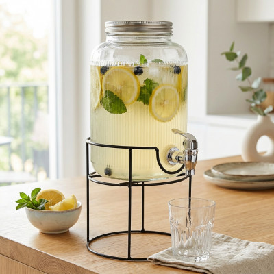 Słój z kranikiem na stojaku szklany 3,8l do lemoniady soków napojów prążkowany