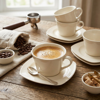 Filiżanka porcelanowa ze spodkiem ecru 220 ml zestaw 6 szt