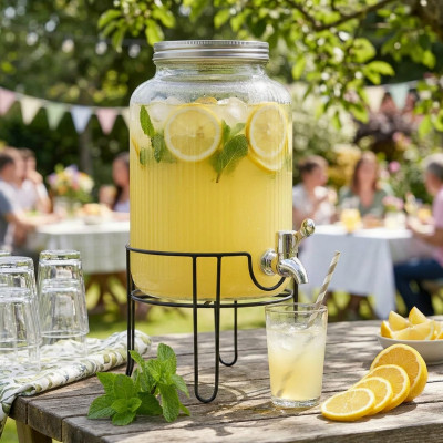 Słój z kranikiem na stojaku szklany 4l do lemoniady soków napojów prążkowany