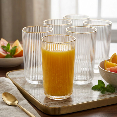 Kpl. 6 szklanek do soku, napojów wysokie prążkowane ze złotym rantem 400 ml