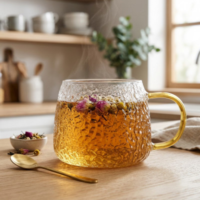 Kubek szklany kamyki ze złotym uchem 450 ml transparentny do kawy herbaty napojów