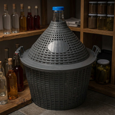 Szklany balon na wino w koszu plastikowym gąsior 25L